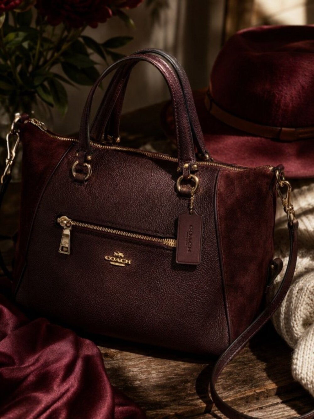 Coach Primrose Satchel 55532 Oxblood Leather Suede Gold NWT Dust Bag - Picture 2 of 16